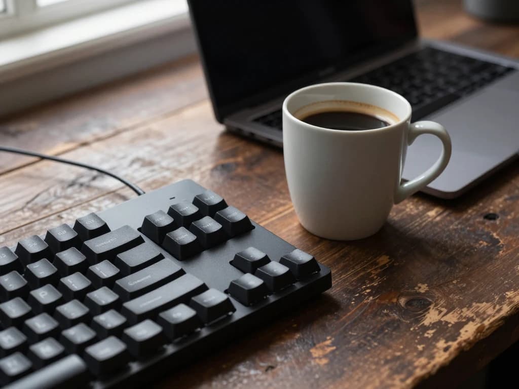Escritorio de trabajo con notebook, teclado y cafe